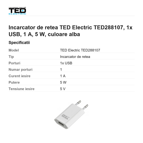 Incarcator de retea TED Electric TED288107, 1x USB, 1 A, 5 W, culoare alba [2]