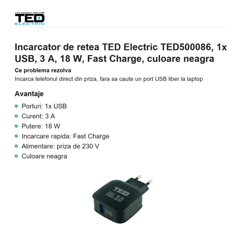 Incarcator de retea TED Electric TED500086, 1x USB, 3 A, 18 W, Fast Charge, culoare neagra [1]