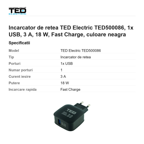 Incarcator de retea TED Electric TED500086, 1x USB, 3 A, 18 W, Fast Charge, culoare neagra [2]