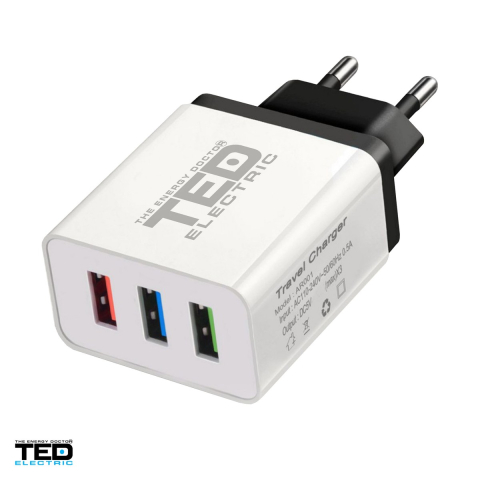 Accesorii IT - Incarcator de retea TED Electric TED600113, 3x USB, maxim 2,1 A, 10 W, culoare alba