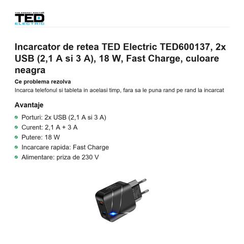 Incarcator de retea TED Electric TED600137, 2x USB (2,1 A si 3 A), 18 W, Fast Charge, culoare neagra [1]