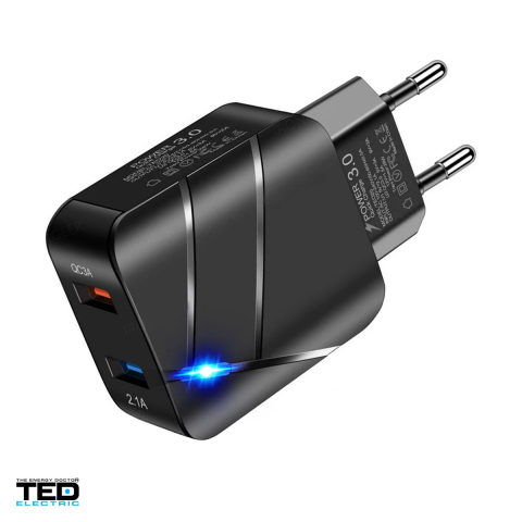 Incarcator de retea TED Electric TED600137, 2x USB (2,1 A si 3 A), 18 W, Fast Charge, culoare neagra [0]