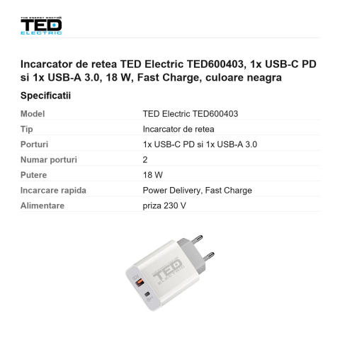 Incarcator de retea TED Electric TED600403, 1x USB-C PD si 1x USB-A 3.0, 18 W, Fast Charge, culoare neagra [2]
