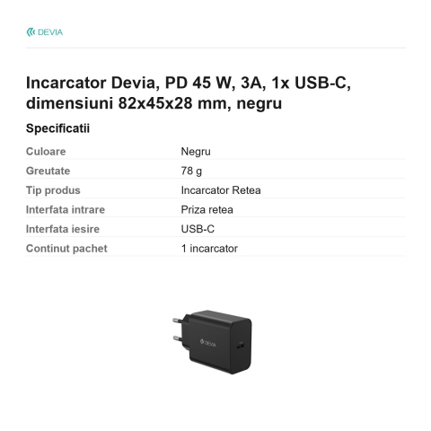 Incarcator Devia, PD 45 W, 3A, 1x USB-C, dimensiuni 82x45x28 mm, negru [2]