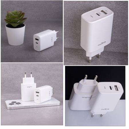 Incarcator dual cu port USB-C si USB-A la priza Euro, Quick Charge+, PD 20W, 3A, Maxlife, 100-240V, alb [3]