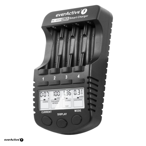 Energy - Incarcator everActive NC-1000 PLUS pentru acumulatori AA si AAA Ni-MH si Ni-Cd, 4 canale independente, curent de incarcare reglabil 200-1000 mA, display LCD, iesire USB 5 V, alimentare retea si auto