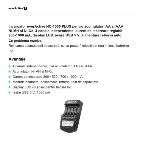 Incarcator everActive NC-1000 PLUS pentru acumulatori AA si AAA Ni-MH si Ni-Cd, 4 canale independente, curent de incarcare reglabil 200-1000 mA, display LCD, iesire USB 5 V, alimentare retea si auto [1]