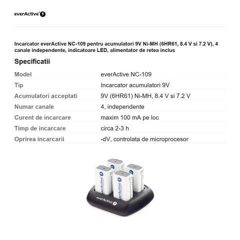 Incarcator everActive NC-109 pentru acumulatori 9V Ni-MH (6HR61, 8.4 V si 7.2 V), 4 canale independente, indicatoare LED, alimentator de retea inclus [2]