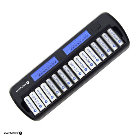 Energy - Incarcator everActive NC-1600 pentru 1-16 acumulatori AA si AAA Ni-MH, 16 canale independente, display LCD, functie refresh, alimentator de retea si adaptor auto 12 V
