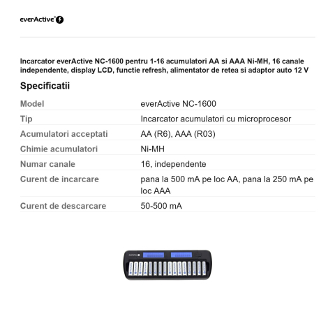 Incarcator everActive NC-1600 pentru 1-16 acumulatori AA si AAA Ni-MH, 16 canale independente, display LCD, functie refresh, alimentator de retea si adaptor auto 12 V [2]
