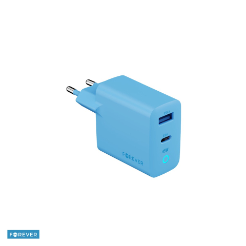 Accesorii IT - Incarcator Forever TC45AC, GaN PD QC 45 W, 1x USB-C + 1x USB, albastru deschis