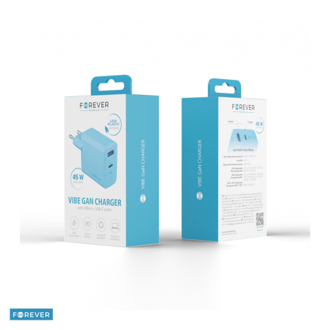 Incarcator Forever TC45AC, GaN PD QC 45 W, 1x USB-C + 1x USB, albastru deschis [3]