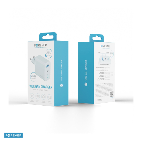 Incarcator Forever TC45AC, GaN PD QC 45 W, 1x USB-C + 1x USB, argintiu [3]