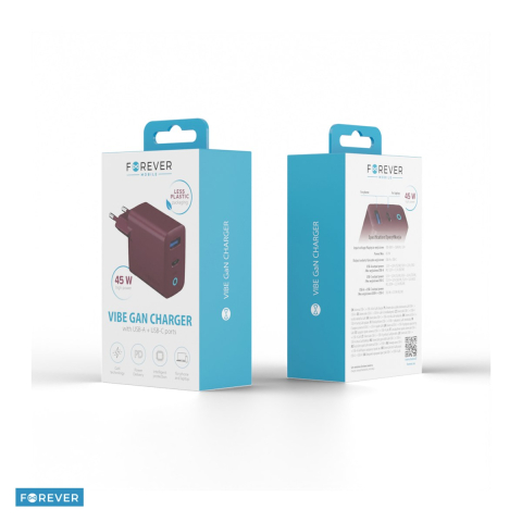 Incarcator Forever TC45AC, GaN PD QC 45 W, 1x USB-C + 1x USB, visiniu [3]