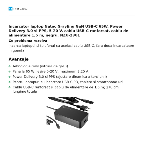 Incarcator laptop Natec Grayling GaN USB-C 65W, Power Delivery 3.0 si PPS, 5-20 V, cablu USB-C ranforsat, cablu de alimentare 1,5 m, negru, NZU-2361 [1]