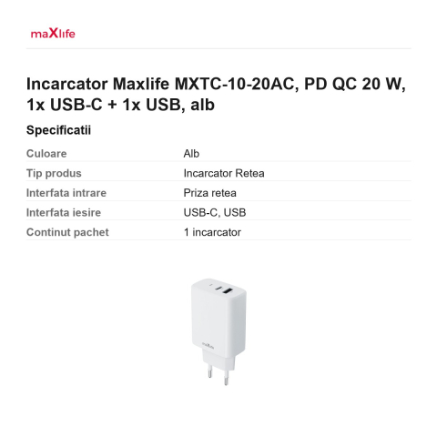Incarcator Maxlife MXTC-10-20AC, PD QC 20 W, 1x USB-C + 1x USB, alb [2]