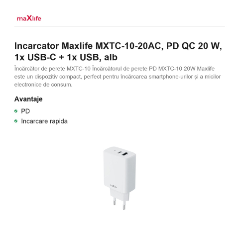 Incarcator Maxlife MXTC-10-20AC, PD QC 20 W, 1x USB-C + 1x USB, alb [1]