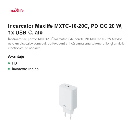 Incarcator Maxlife MXTC-10-20C, PD QC 20 W, 1x USB-C, alb [1]