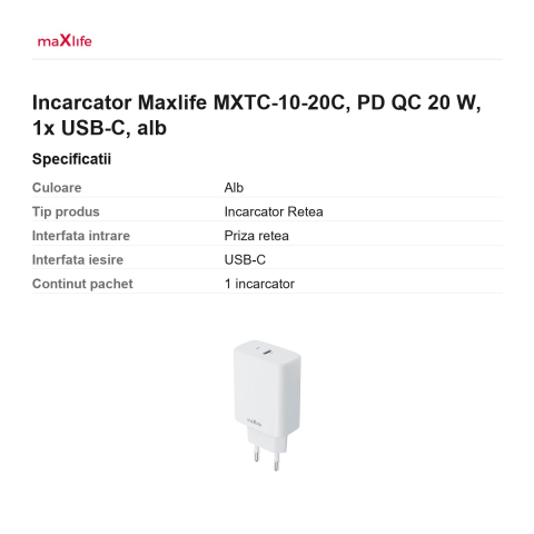 Incarcator Maxlife MXTC-10-20C, PD QC 20 W, 1x USB-C, alb [2]