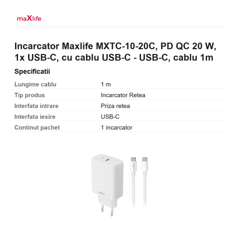 Incarcator Maxlife MXTC-10-20C, PD QC 20 W, 1x USB-C, cu cablu USB-C - USB-C, cablu 1m [2]