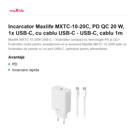 Incarcator Maxlife MXTC-10-20C, PD QC 20 W, 1x USB-C, cu cablu USB-C - USB-C, cablu 1m [1]