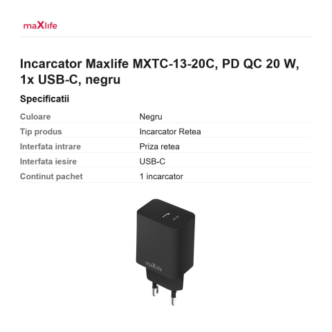 Incarcator Maxlife MXTC-13-20C, PD QC 20 W, 1x USB-C, negru [2]