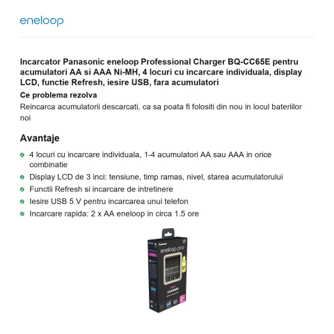 Incarcator Panasonic eneloop Professional Charger BQ-CC65E pentru acumulatori AA si AAA Ni-MH, 4 locuri cu incarcare individuala, display LCD, functie Refresh, iesire USB, fara acumulatori [1]