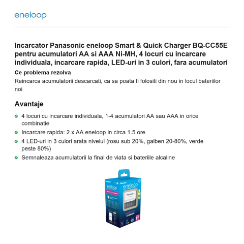 Incarcator Panasonic eneloop Smart & Quick Charger BQ-CC55E pentru acumulatori AA si AAA Ni-MH, 4 locuri cu incarcare individuala, incarcare rapida, LED-uri in 3 culori, fara acumulatori [1]