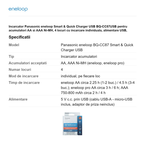 Incarcator Panasonic eneloop Smart & Quick Charger USB BQ-CC87USB pentru acumulatori AA si AAA Ni-MH, 4 locuri cu incarcare individuala, alimentare USB, functie de power bank, fara acumulatori [2]