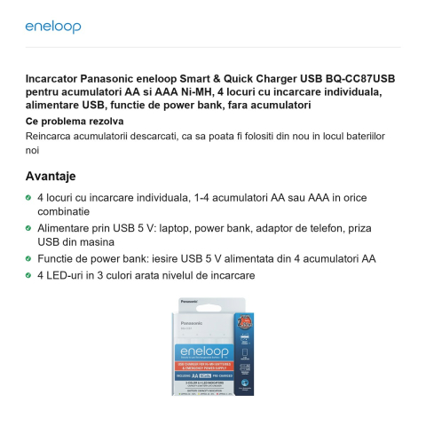 Incarcator Panasonic eneloop Smart & Quick Charger USB BQ-CC87USB pentru acumulatori AA si AAA Ni-MH, 4 locuri cu incarcare individuala, alimentare USB, functie de power bank, fara acumulatori [1]