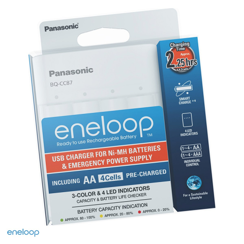 Energy - Incarcator Panasonic eneloop Smart & Quick Charger USB BQ-CC87USB pentru acumulatori AA si AAA Ni-MH, 4 locuri cu incarcare individuala, alimentare USB, functie de power bank, fara acumulatori