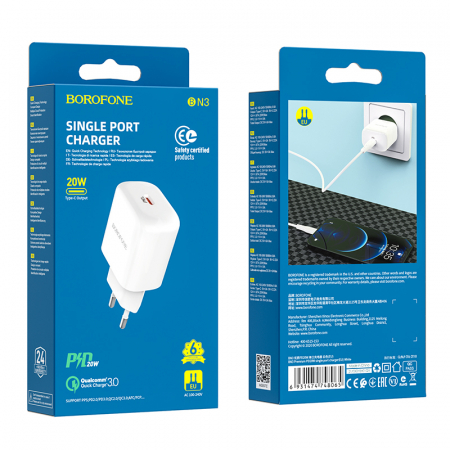 Incarcator Retea Borofone BN3 Premium, Quick Charge, 20W, 1 X USB Tip-C, Alb [6]
