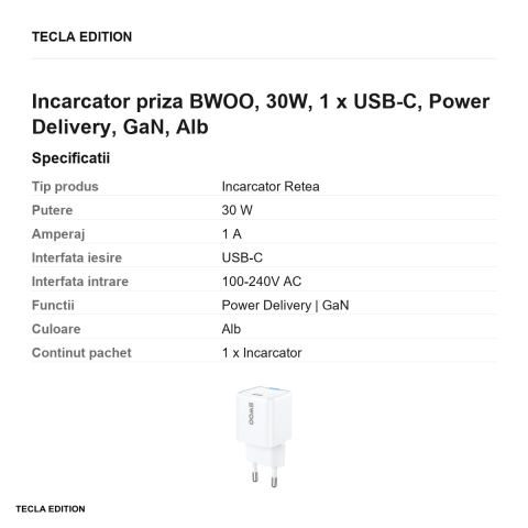 Incarcator priza BWOO, 30W, 1 x USB-C, Power Delivery, GaN, Alb [2]