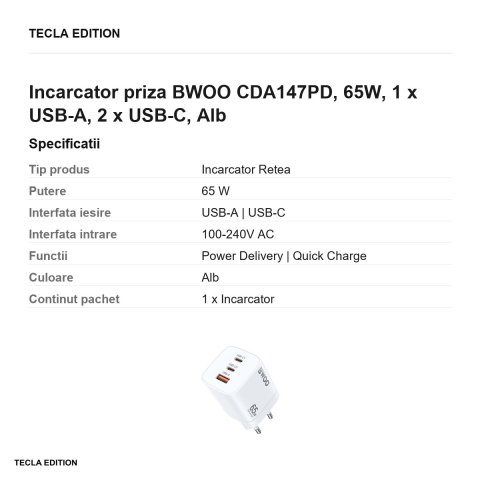 Incarcator priza BWOO CDA147PD, 65W, 1 x USB-A, 2 x USB-C, Alb [2]
