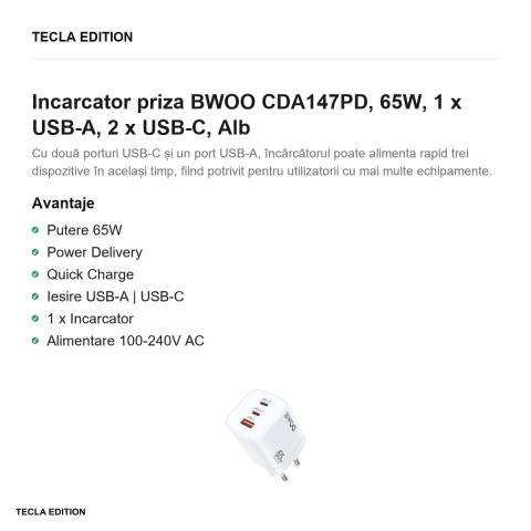 Incarcator priza BWOO CDA147PD, 65W, 1 x USB-A, 2 x USB-C, Alb [1]