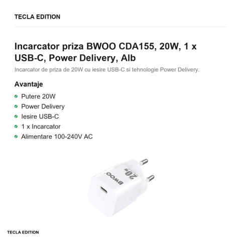 Incarcator priza BWOO CDA155, 20W, 1 x USB-C, Power Delivery, Alb [1]