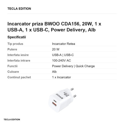 Incarcator priza BWOO CDA156, 20W, 1 x USB-A, 1 x USB-C, Power Delivery, Alb [2]