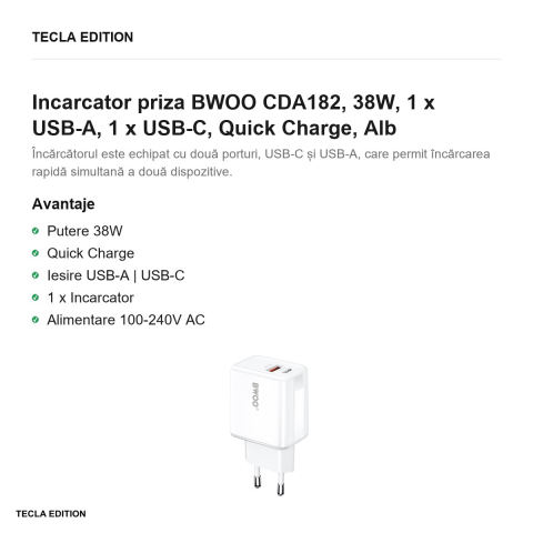 Incarcator priza BWOO CDA182, 38W, 1 x USB-A, 1 x USB-C, Quick Charge, Alb [1]