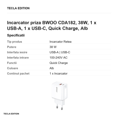 Incarcator priza BWOO CDA182, 38W, 1 x USB-A, 1 x USB-C, Quick Charge, Alb [2]