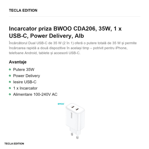 Incarcator priza BWOO CDA206, 35W, 1 x USB-C, Power Delivery, Alb [1]