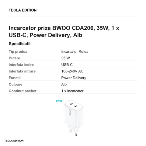 Incarcator priza BWOO CDA206, 35W, 1 x USB-C, Power Delivery, Alb [2]