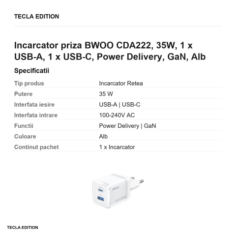 Incarcator priza BWOO CDA222, 35W, 1 x USB-A, 1 x USB-C, Power Delivery, GaN, Alb [2]