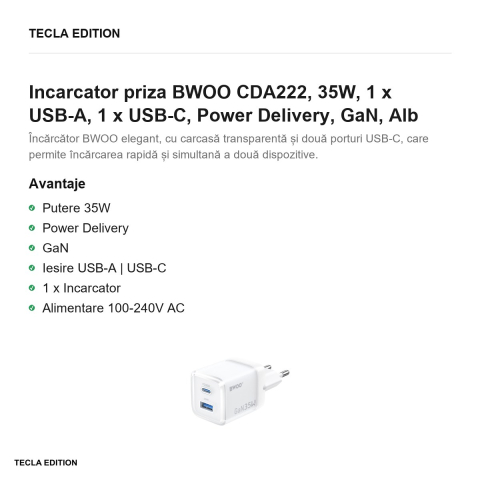Incarcator priza BWOO CDA222, 35W, 1 x USB-A, 1 x USB-C, Power Delivery, GaN, Alb [1]