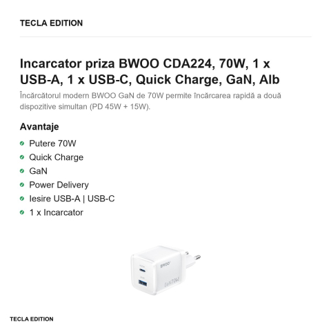 Incarcator priza BWOO CDA224, 70W, 1 x USB-A, 1 x USB-C, Quick Charge, GaN, Alb [1]
