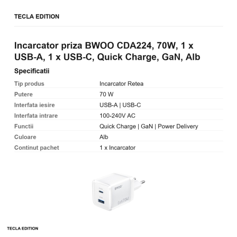 Incarcator priza BWOO CDA224, 70W, 1 x USB-A, 1 x USB-C, Quick Charge, GaN, Alb [2]
