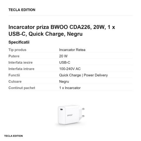 Incarcator priza BWOO CDA226, 20W, 1 x USB-C, Quick Charge, Negru [2]
