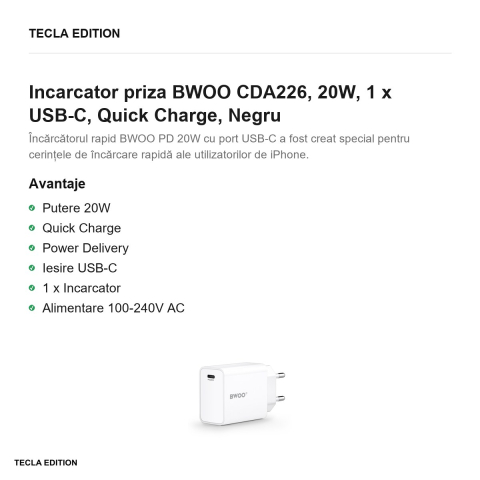 Incarcator priza BWOO CDA226, 20W, 1 x USB-C, Quick Charge, Negru [1]