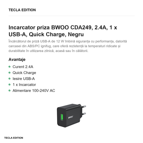 Incarcator priza BWOO CDA249, 2.4A, 1 x USB-A, Quick Charge, Negru [1]