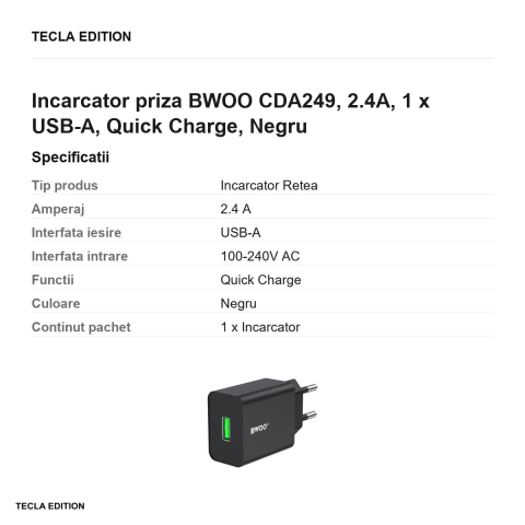 Incarcator priza BWOO CDA249, 2.4A, 1 x USB-A, Quick Charge, Negru [2]