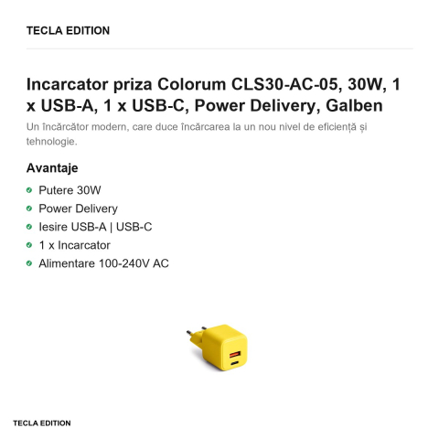 Incarcator priza Colorum CLS30-AC-05, 30W, 1 x USB-A, 1 x USB-C, Power Delivery, Galben [1]